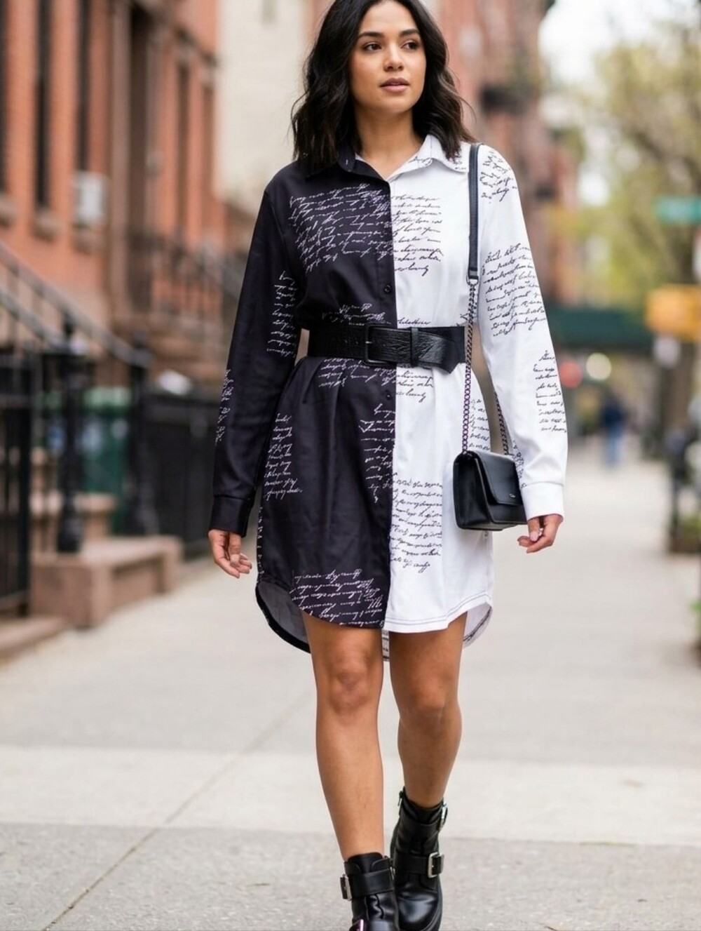 SHEIN Two-Tone Script Shirt Dress in Black & White • Size XL
